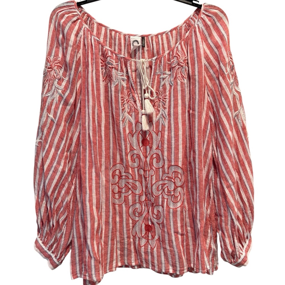 Anthropologie Striped Embroidered Blouse